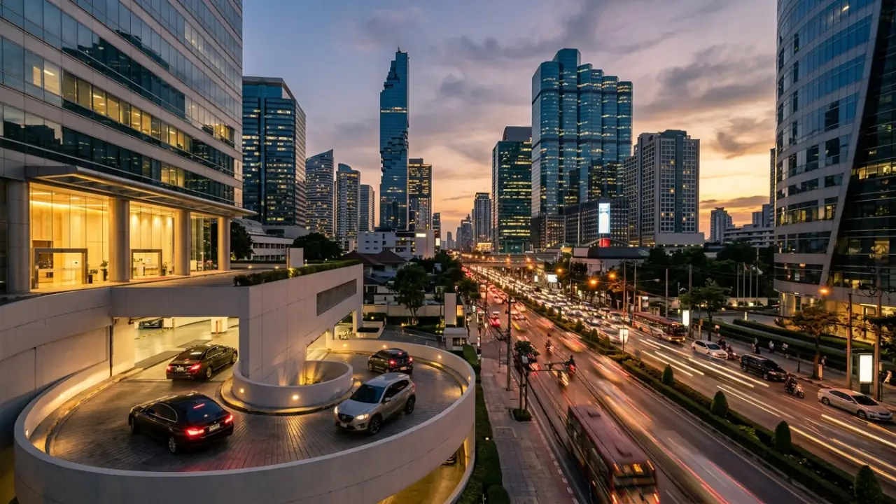 Office towers in Bangkok's Sathorn and Silom business districts at dusk
