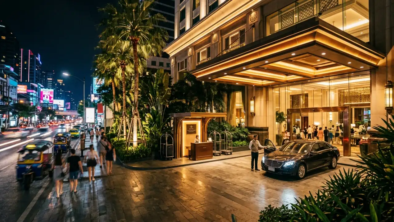 Hotel entrance with night lighting along Sukhumvit in Bangkok