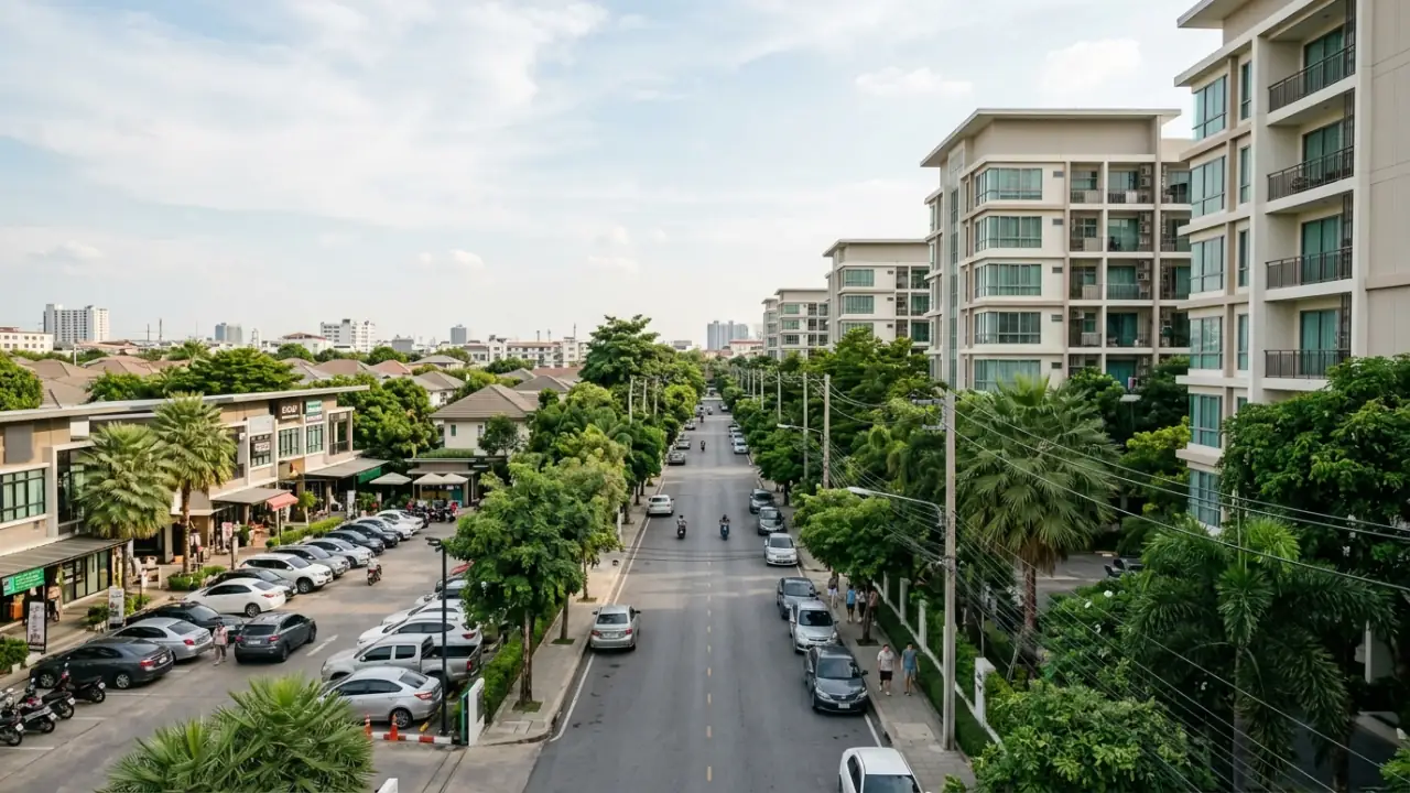 Condominium buildings and a quiet residential street in Lad Phrao, Bangkok