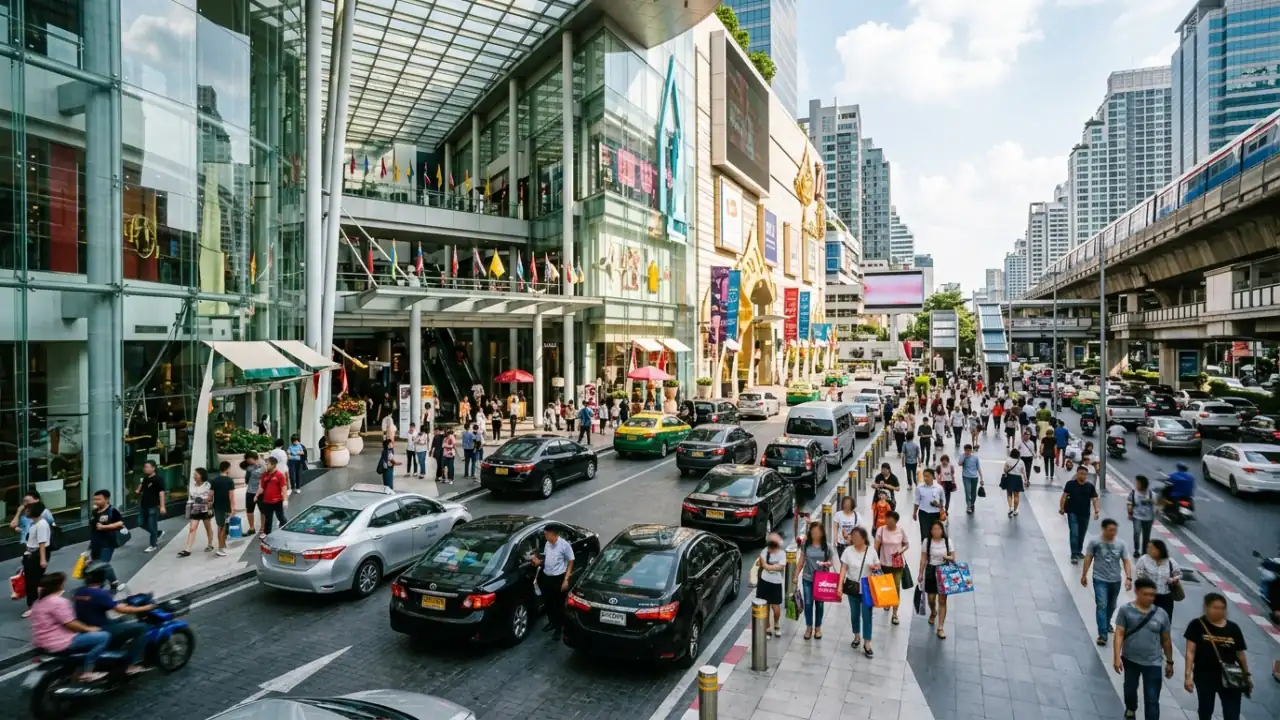 Shoppers and cars at a Bangkok mall entrance in the Siam shopping district