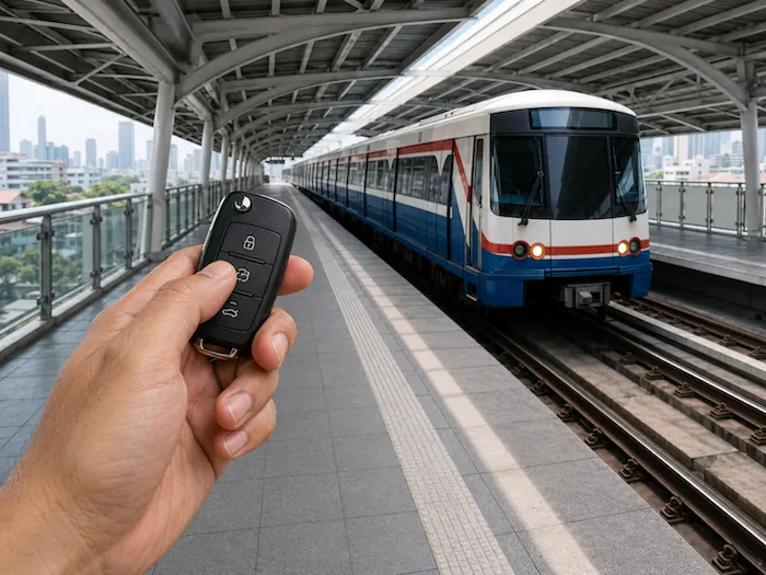 BTS Skytrain arriving at an elevated platform in early morning light