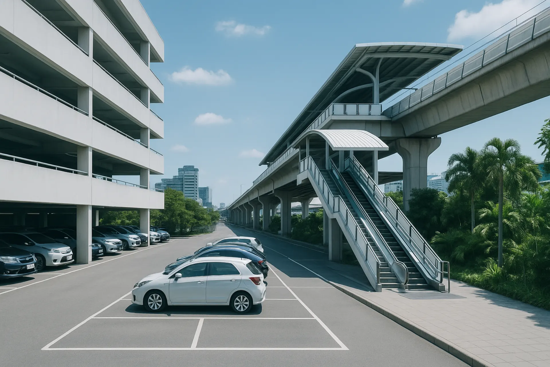 Bangkok Park & Ride — parking lot beside an elevated BTS Skytrain station at golden hour