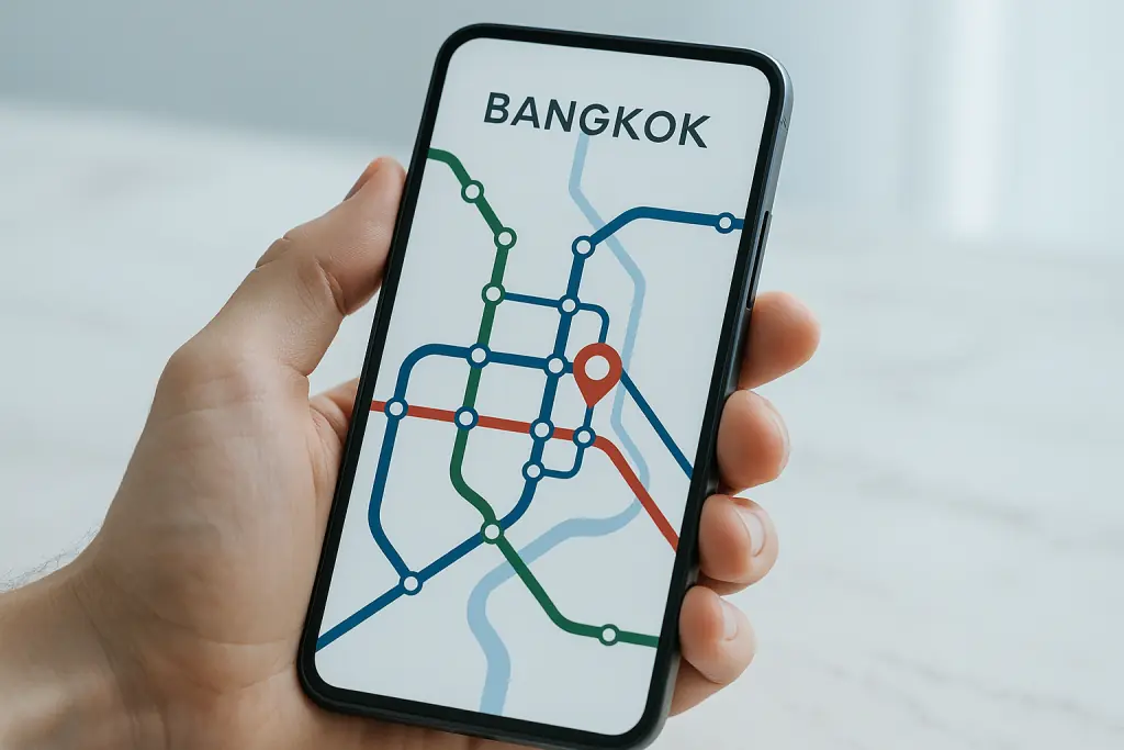 Bangkok BTS train map on a smartphone with a red pin on the chosen station