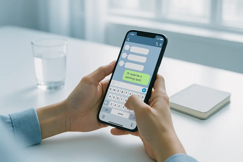 Hands holding a smartphone with a green chat bubble reservation message at a cafe